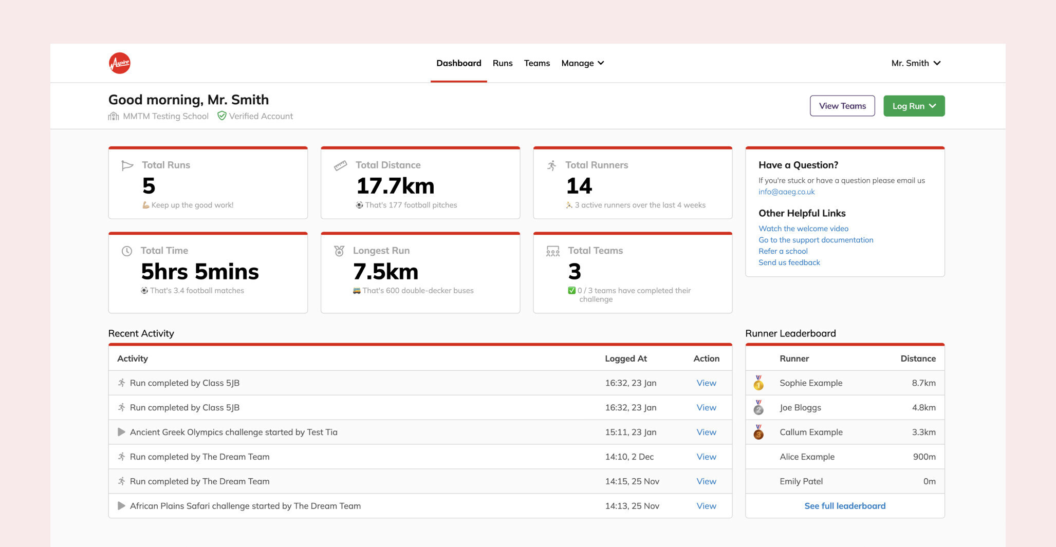 Run:ED dashboard page