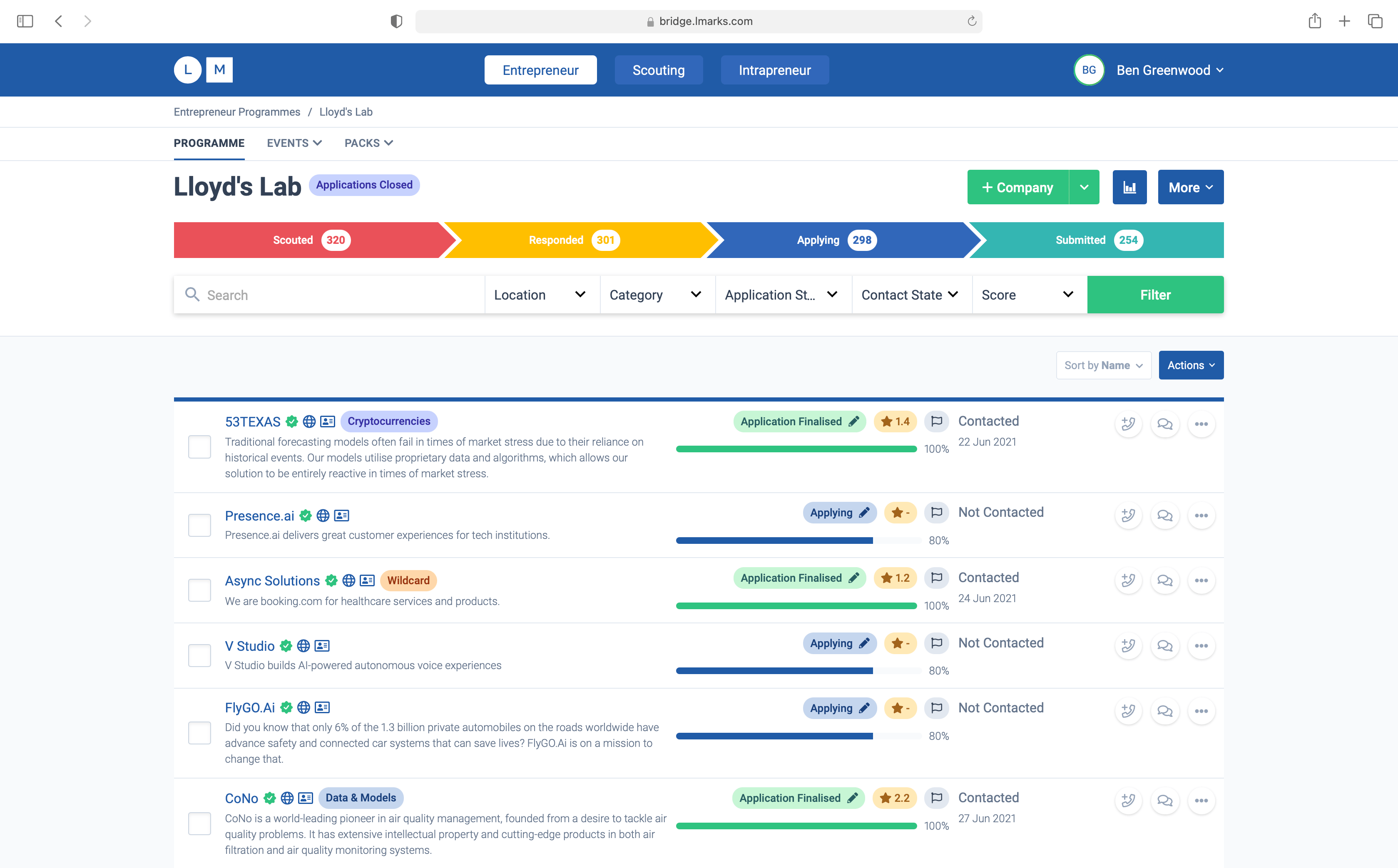 Bridge app screenshot, showing the dashboard page