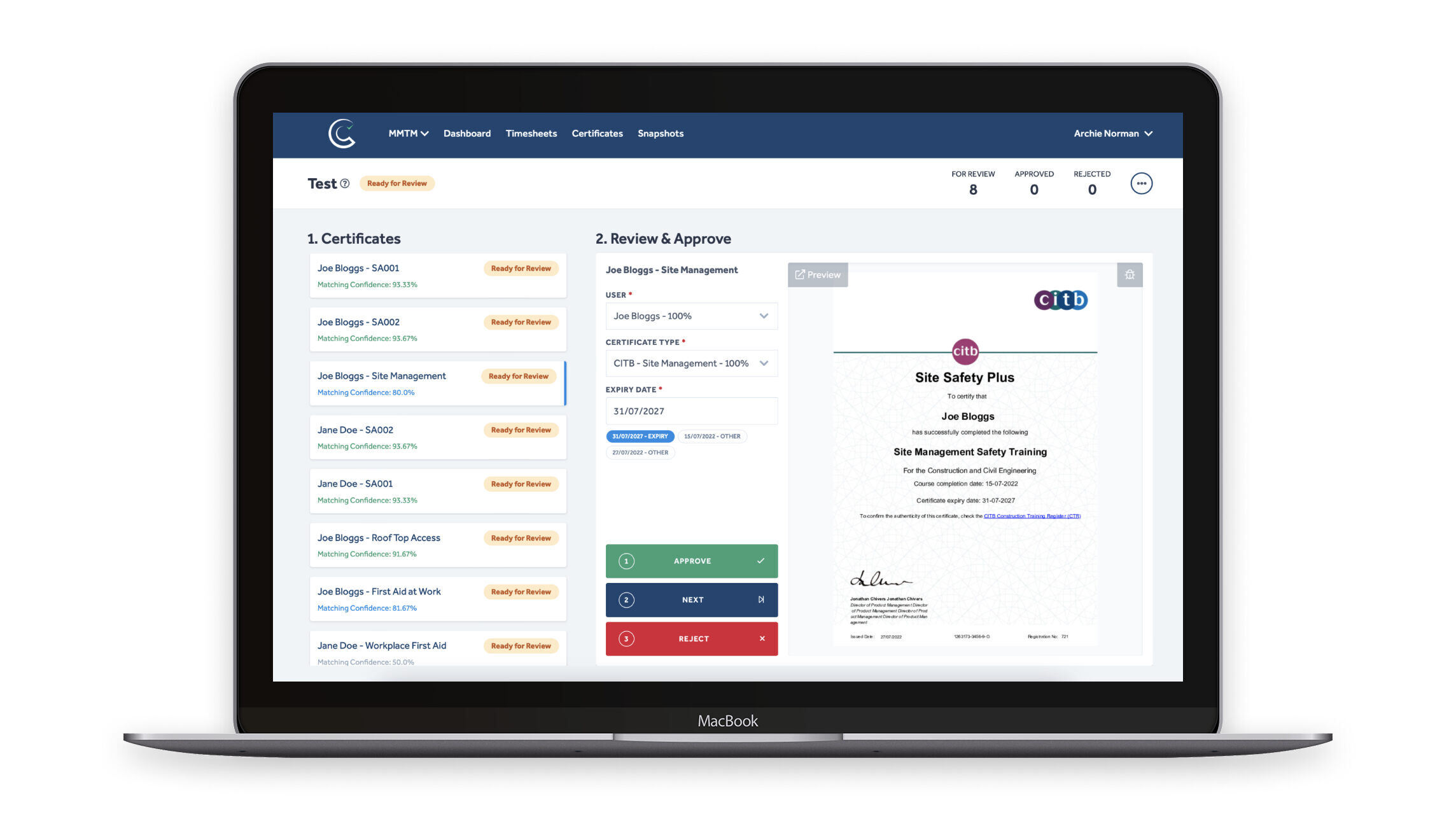 Certifi AI bulk certificate importer on laptop