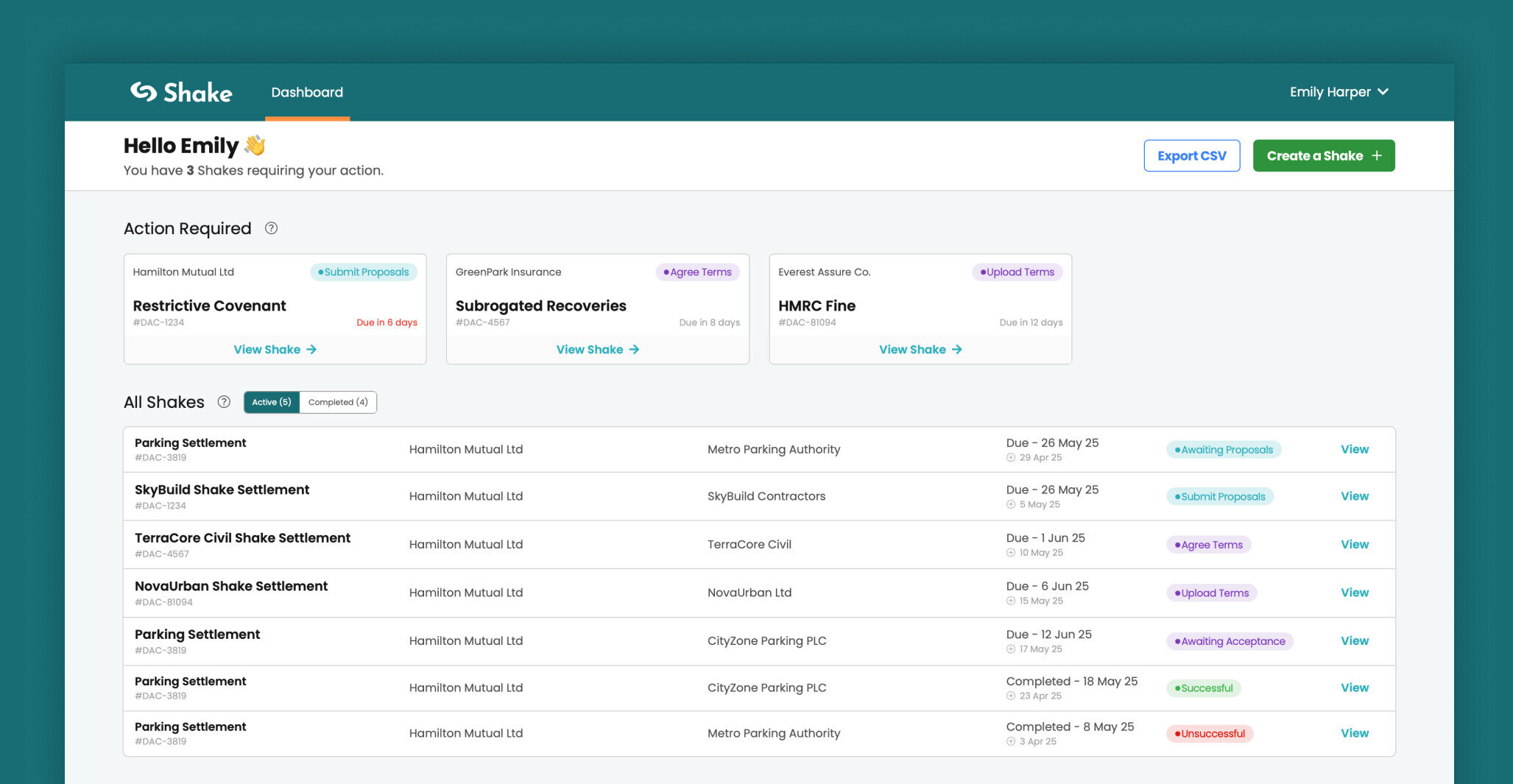 Shake Dashboard Page