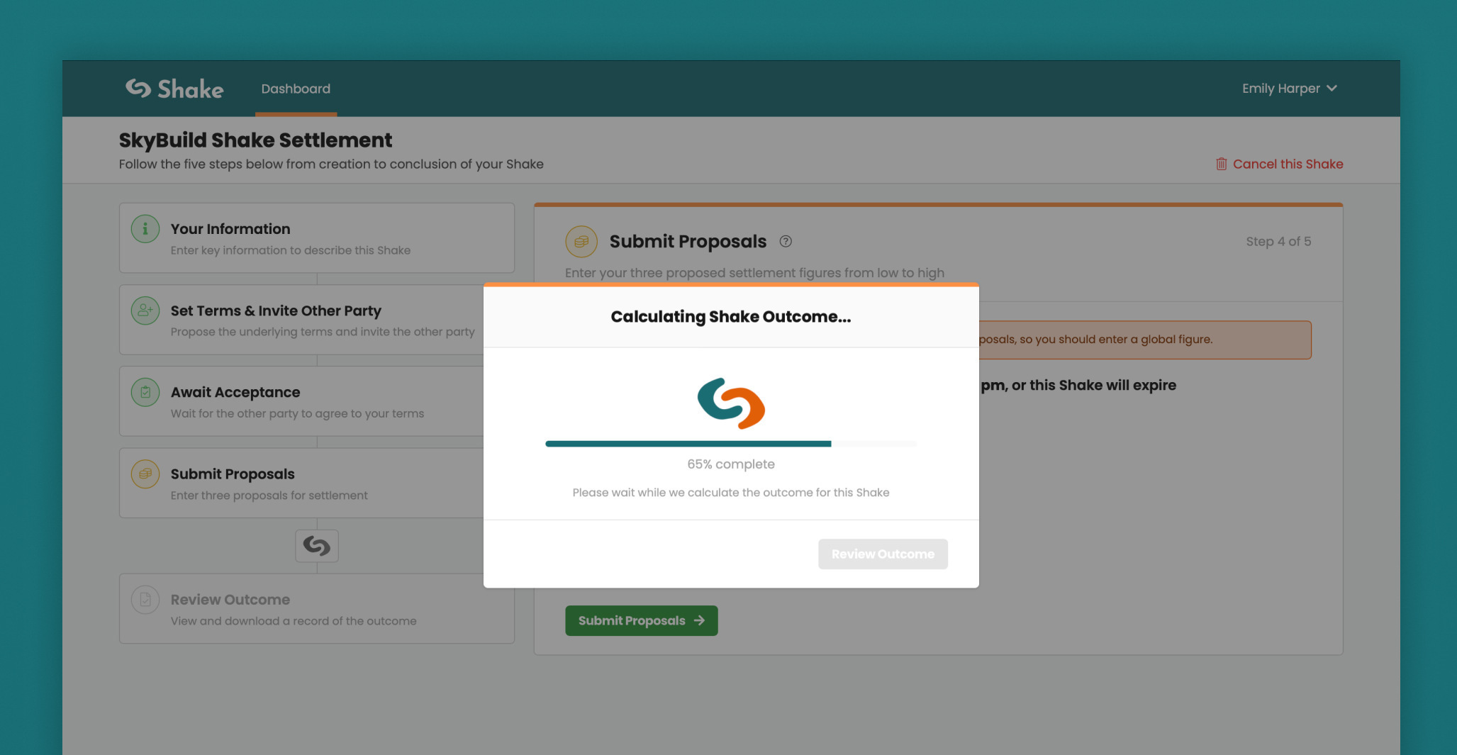 Shake page where the outcome of a settlement case is calculated