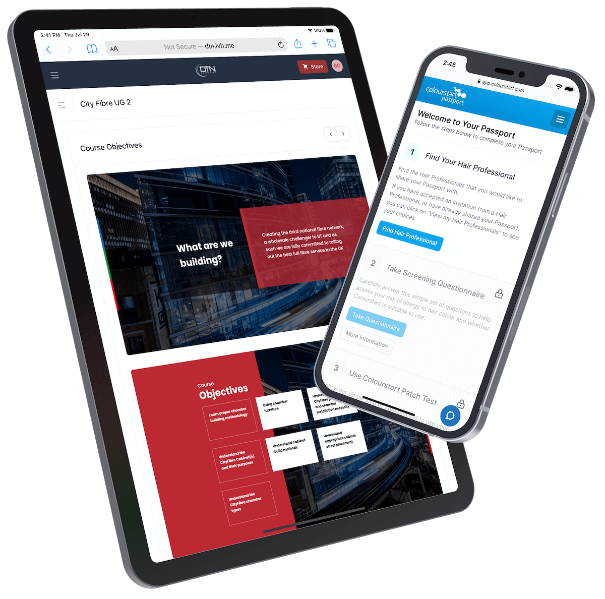 iPad and iPhone running mmtm-built telecoms training and allergy patch testing web apps